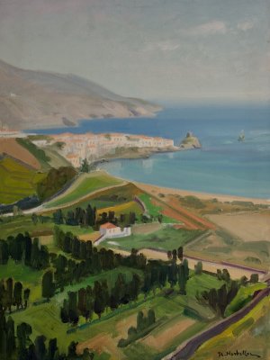 Andros, General View from Above — Oil painting, Canvas, 46.00×61.00cm — Theodoros Markellos